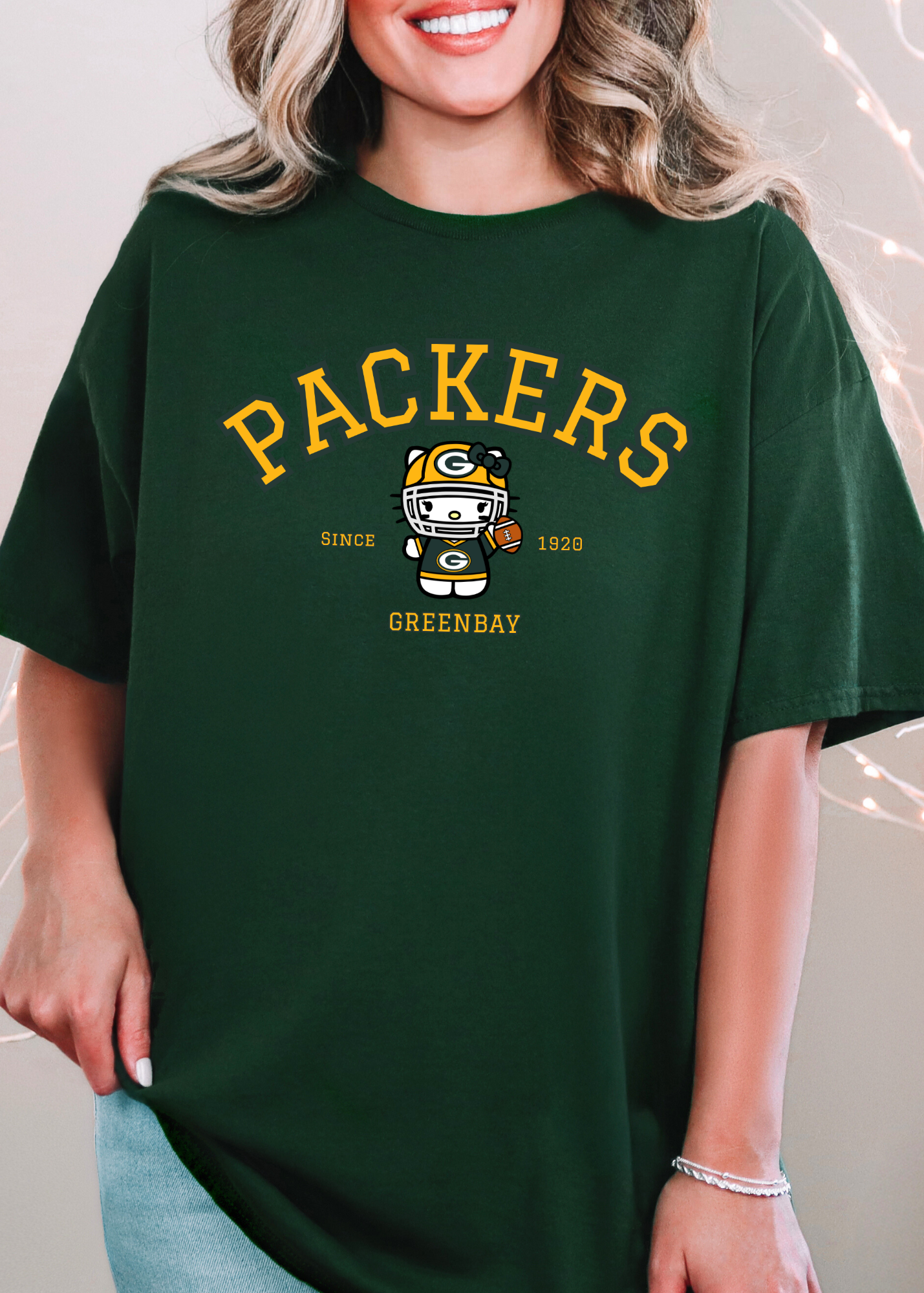 Kitty Football Vibes – Green & Gold GB Edition Tee & Crewneck