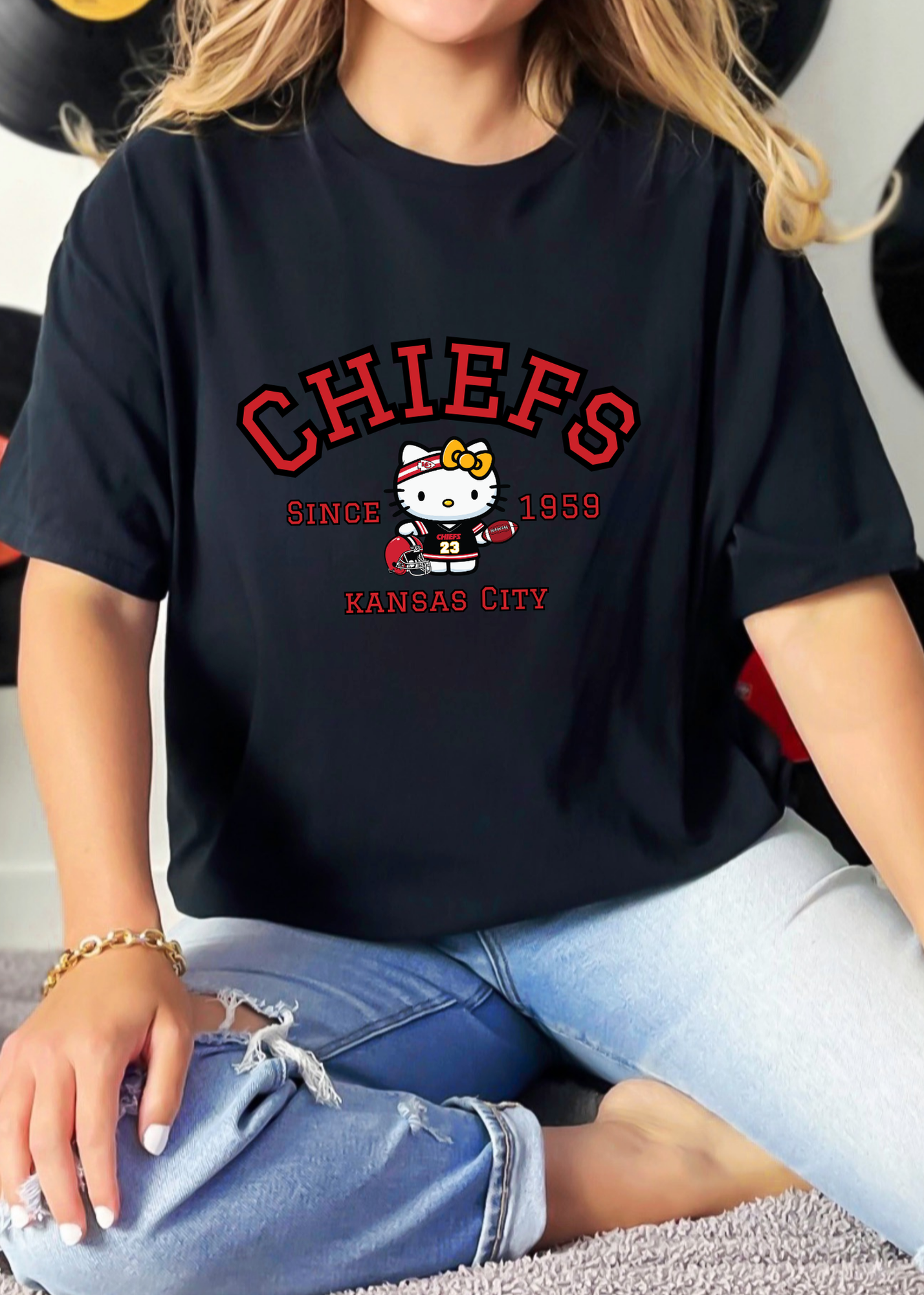Kitty Football Vibes – Red & Gold KC Edition Tee & Crewneck