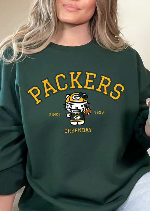 Kitty Football Vibes – Green & Gold GB Edition Tee & Crewneck