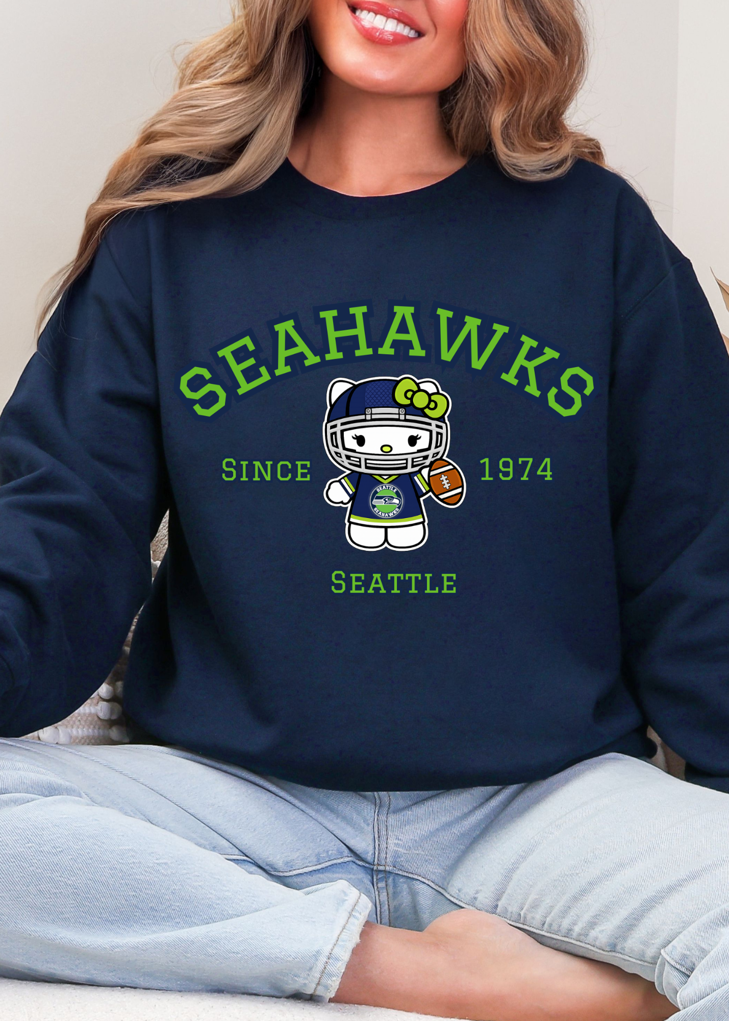 Kitty Football Vibes – Navy Green Seattle Edition Tee & Crewneck